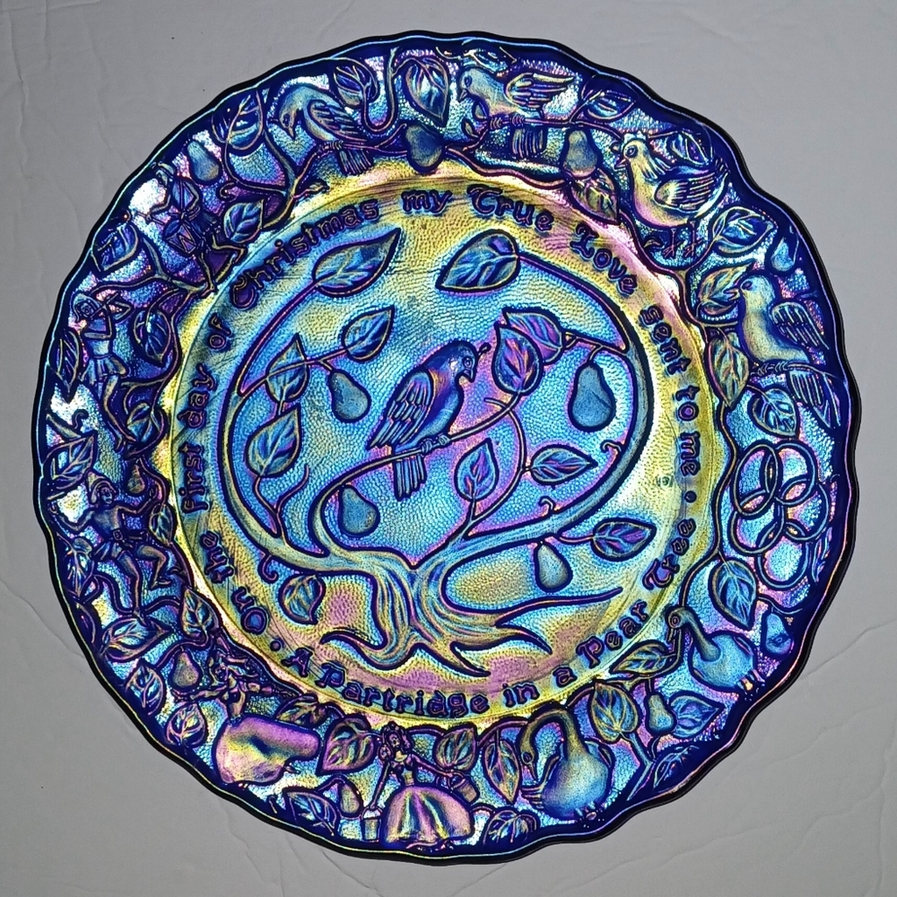 Vintage Imperial Carnival Cobalt Glass Christmas Plate 1 Partridge in Pe…